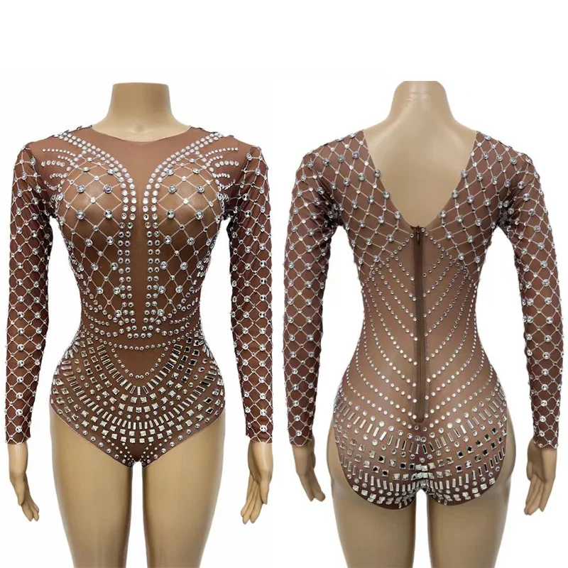 

Stretch Rhinestones Bodysuit Women Stage Costume Singer Dancer Performance Wear Drag Queen Show Jumpsuit Party Outfit VDB7205