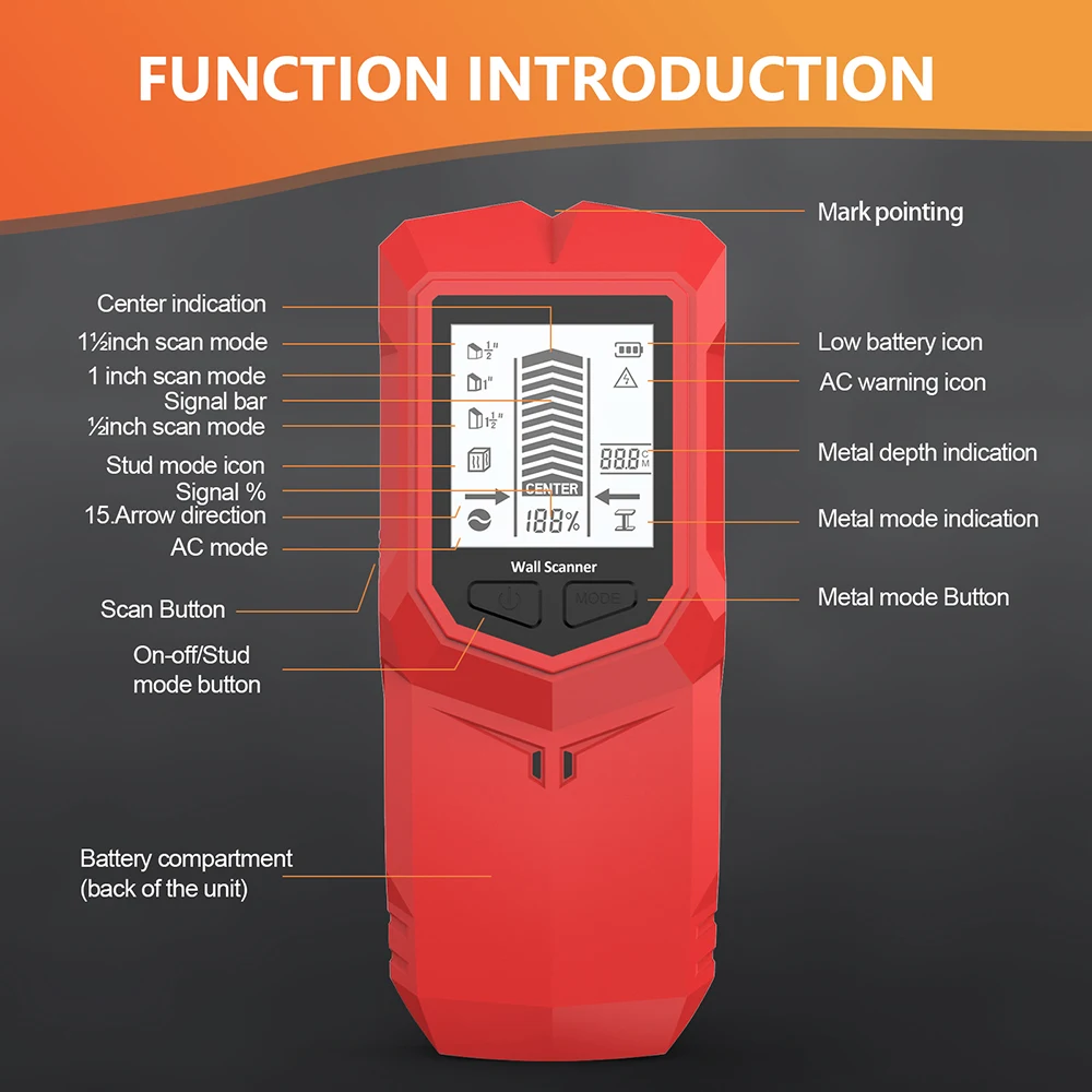 HW-910 Настенный сканер Шпилька Настенный сканер Металлоискатель Провода переменного тока Кабель ПВХ Водопровод Металлический сканер по дереву