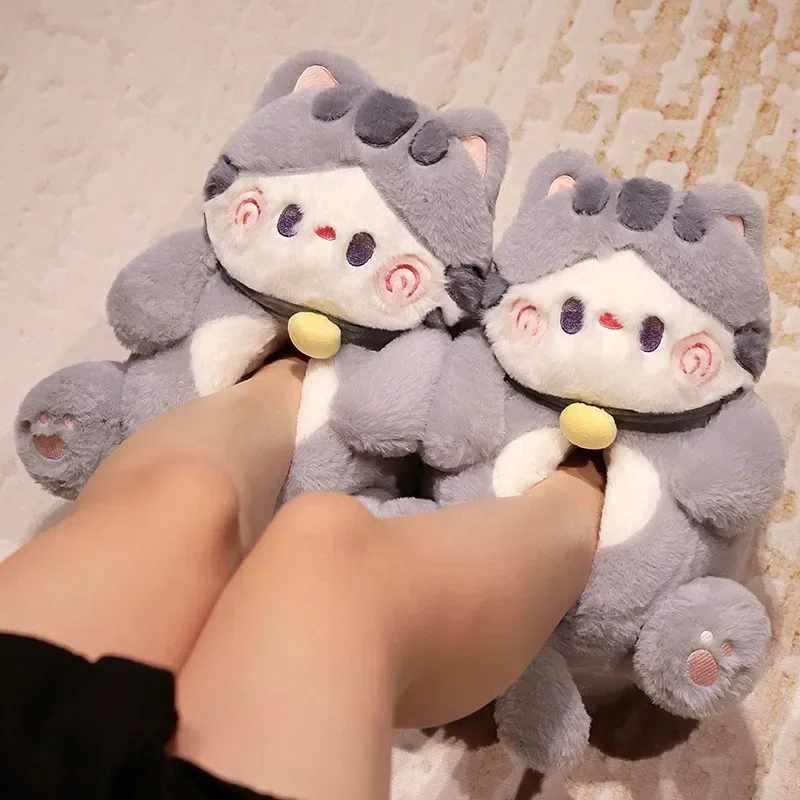 Cute soft cat plush cotton slippers, women can wear pure cotton shoes in winter, with warm and thick insulation indoors