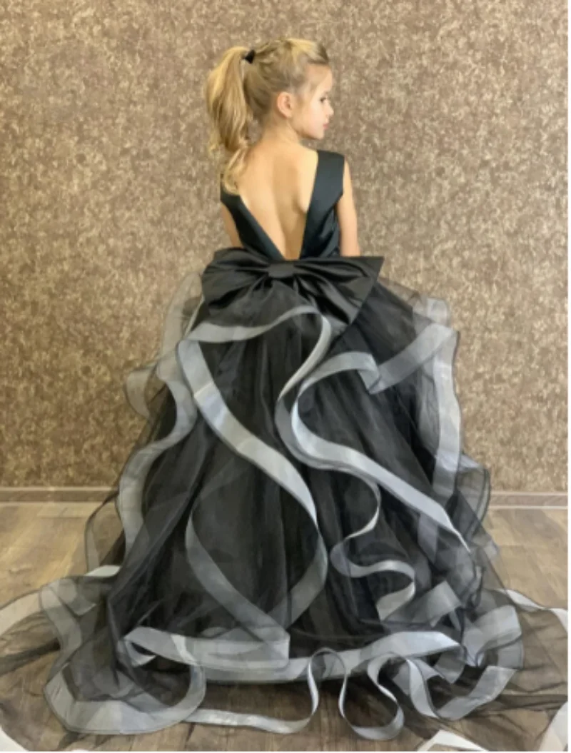 

Black Organza Tulle Flower Girl Dress for Wedding Satin Bow Princess Full Length Pageant Dresses Long Party Ball Gown