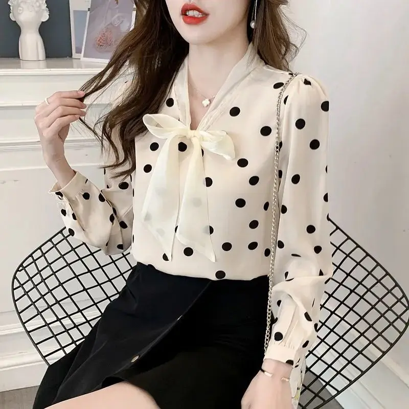 Polka Dot Chiffon Shirt Women\'s 2023 Spring and Autumn New Korean Style Fashion Bow Ribbon Long Sleeve Chiffon Blouse Female