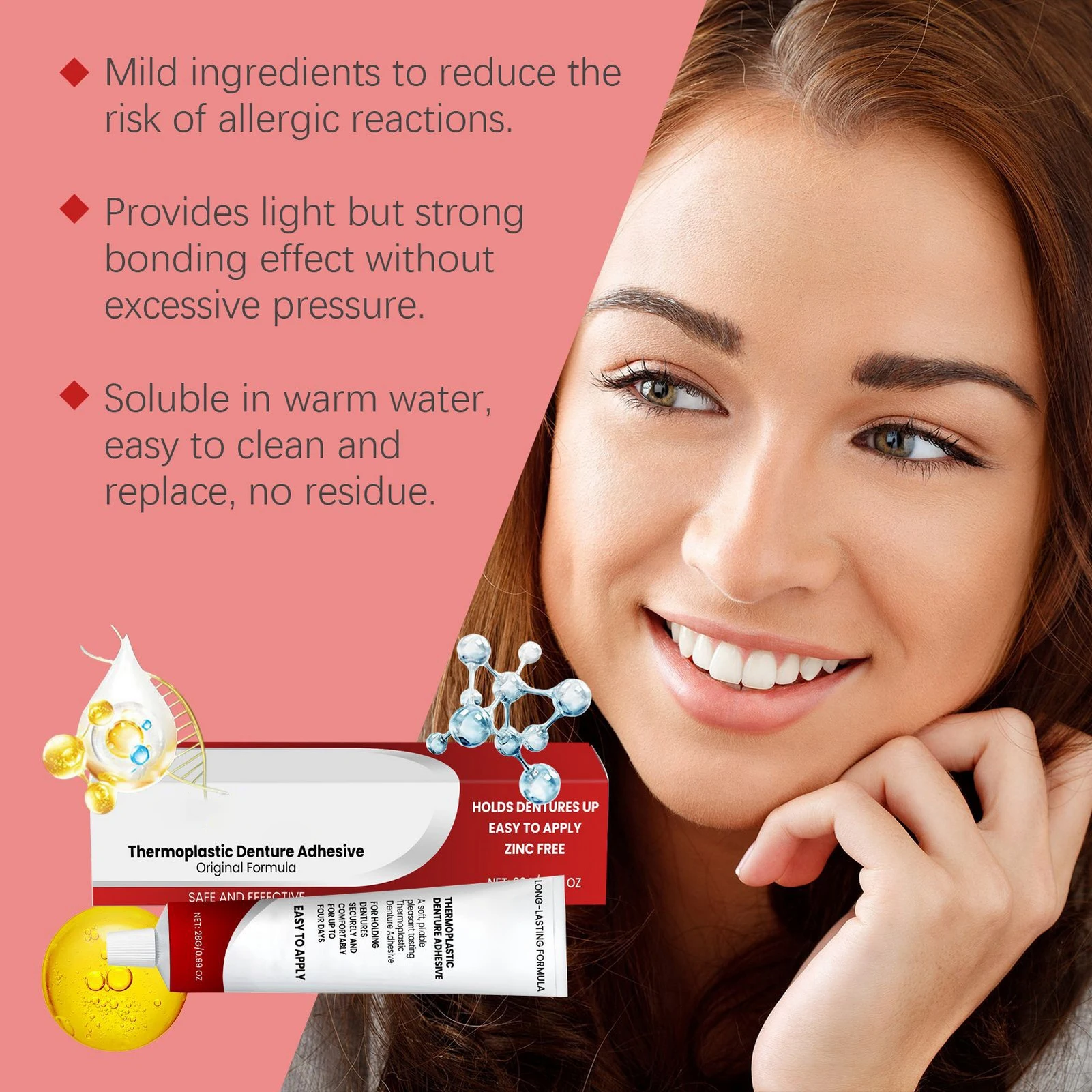 Zinc-Free Thermoplastic Denture Adhesive Refits and Tightens Dentures Great For Immediate And Temporary