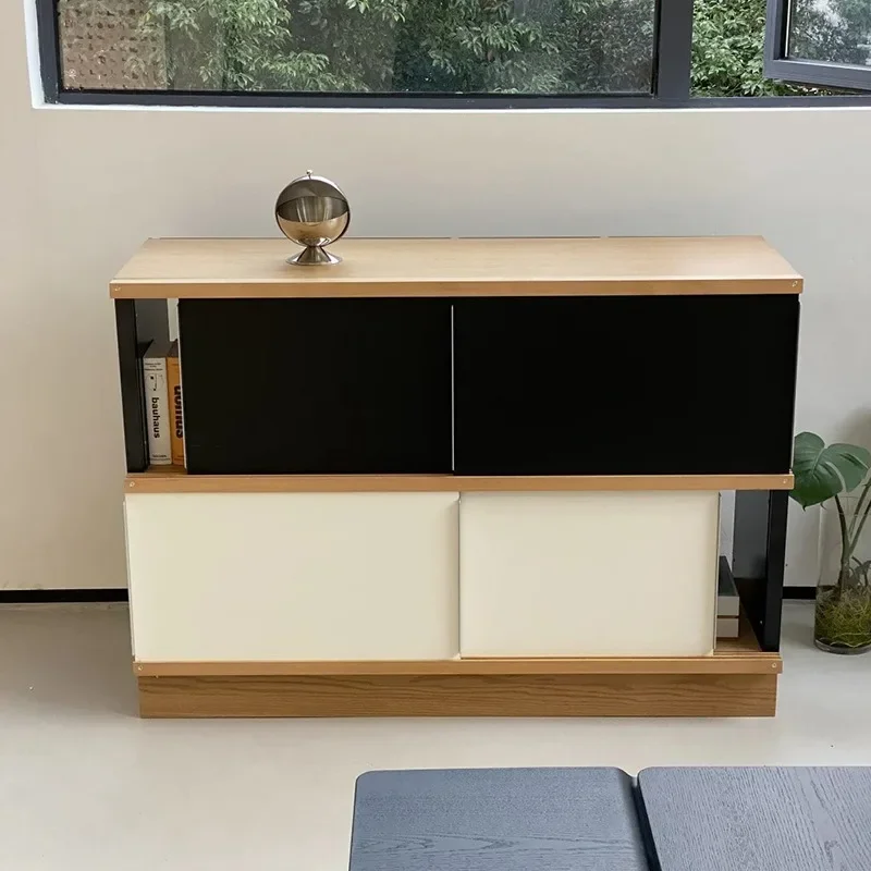 

Black and white contrasting color combination side cabinet floor to wall sliding door dining side cabinet entry porch cabinet