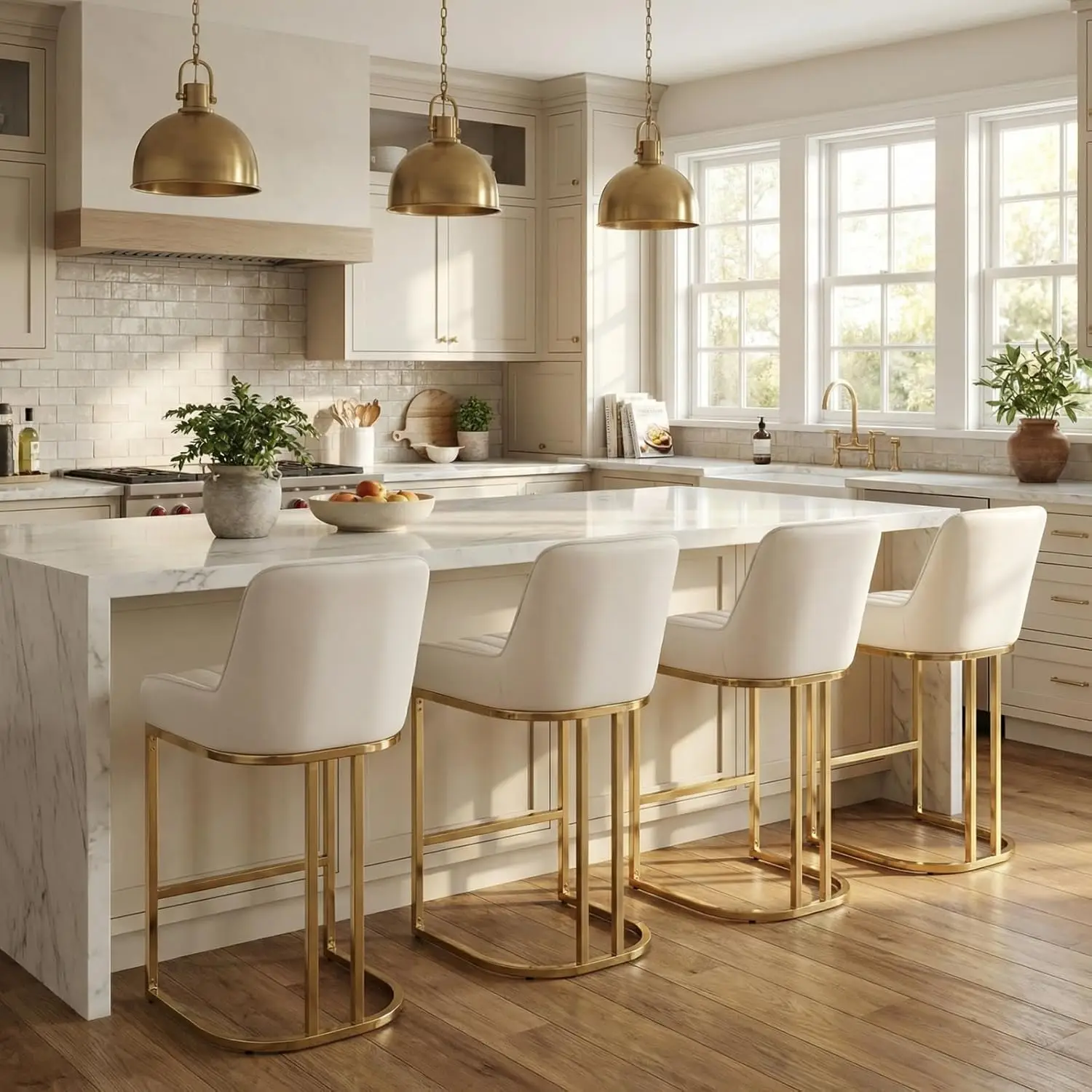 

Counter Height Bar Stools Set of 4 with Back Gold Legs Leather Kitchen Island Chairs Comfy Stripe 26 Inch PU Beige, Customized