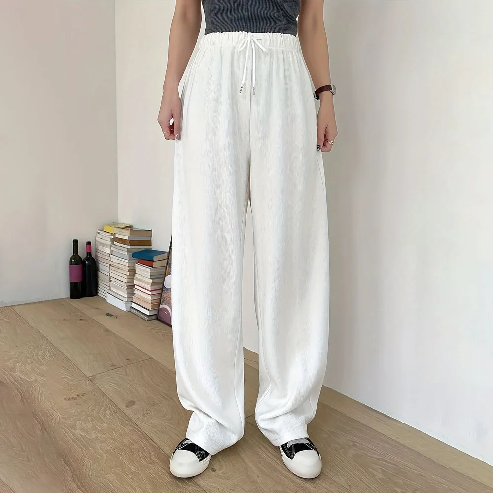 Fashion Women's Solid Color Long Pants Drawstring Design White Wide Leg Trousers Joggers Loose Fit Casual Streetwear Pant