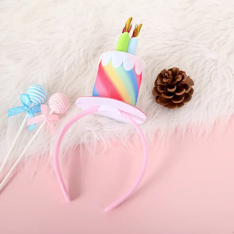 Shiny Pink Leather Birthday Cake Hat Colorful Gradual Color Hair Band Happy Birthday Party Decor Kids Favor Headband Hair Hoop