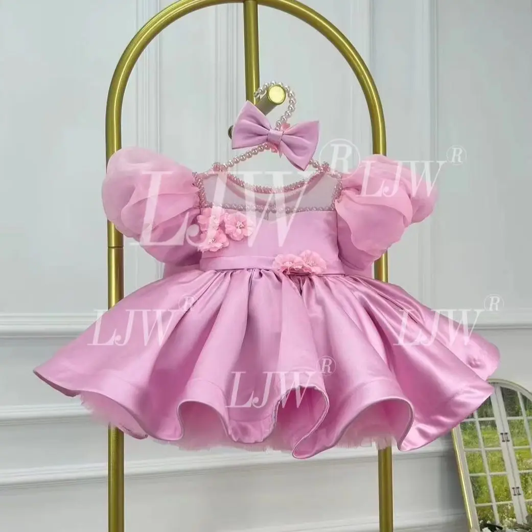 Luxury Pink Satin Baby Girls Formal Dress Pearl Neck Puff Sleeve 3D Flower Front Big Bow Back Kids Wedding Baptism Party Outfit view 4