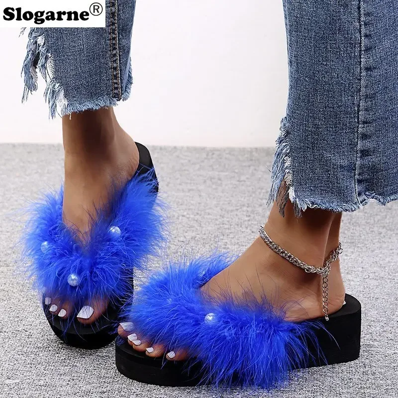 Women Sexy Fur Flip Flops Girl Outdoor Faux Fur Slippers Cool Slides Furry Sandals Platform Shoes Korean Summer Thick Sole Shoes