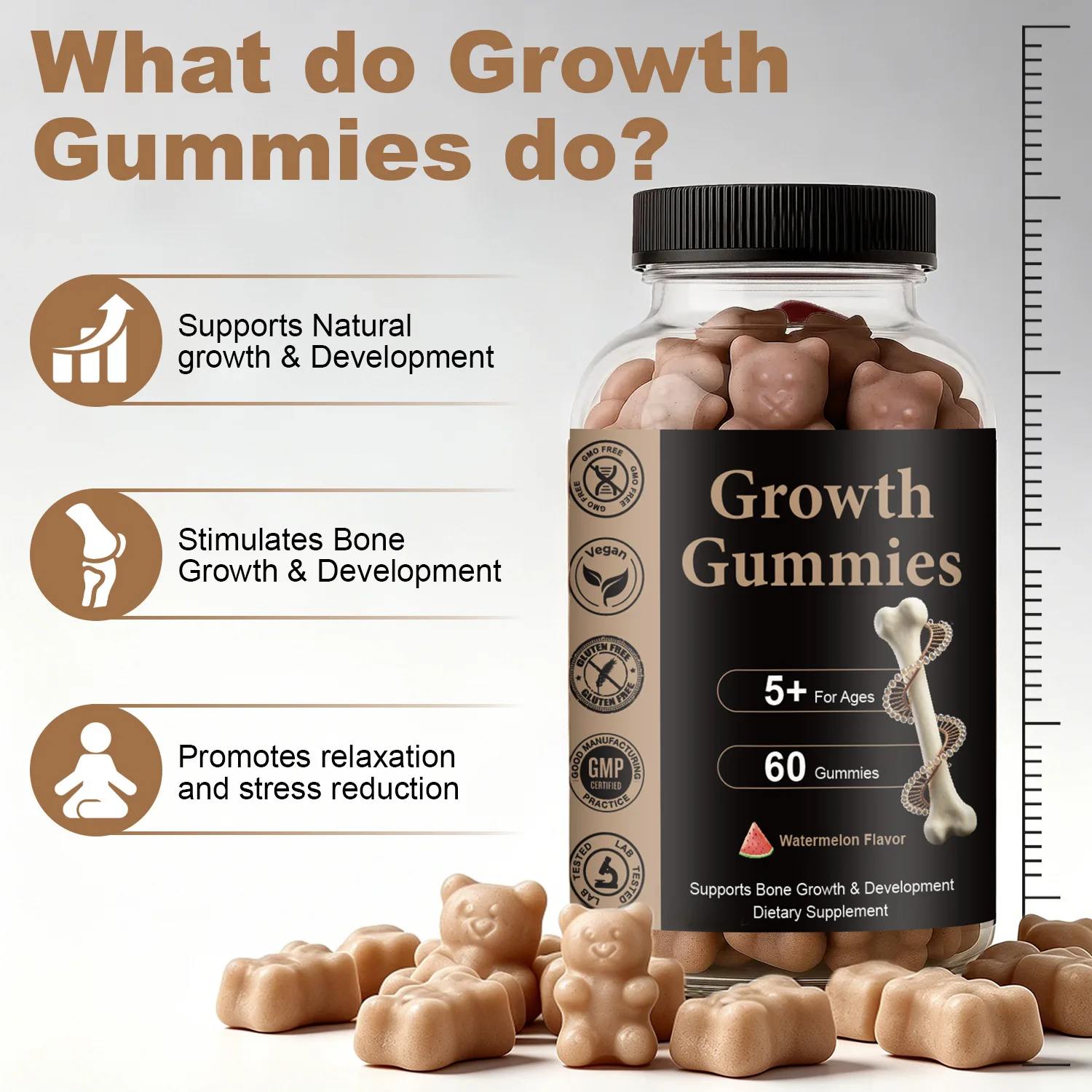 Growth Gummies for Kids, Bone Growth & Development Support, Watermelon Flavor, Vegetarian Friendly, 60 Count, Ages 5+