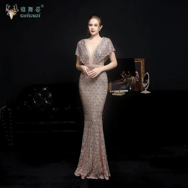 

Sexy Bodycon Maxi Summer Prom Sequin Fishtail Dress Women Elegant Wedding Party V-neck Dress Luxury Long Cocktail Evening Dress