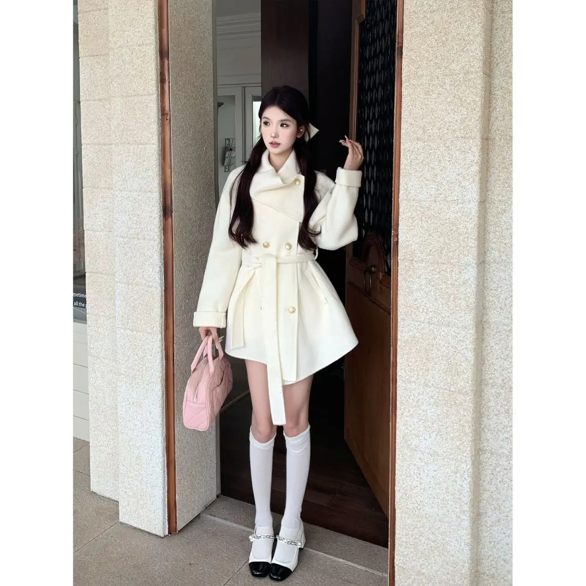 Abrigos de mezcla de lana Abrigo de lana para mujer naranja otoño mezclado tartán cuello alto estilo parisino salidas modernas Urban Cleanfit Chic