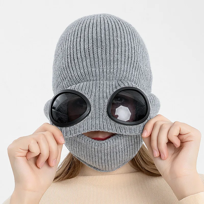 Autumn and Winter Warm Hat New Aviator Glasses Ear Protection Plus Velvet Warm Wool Knitted Hat with Mask