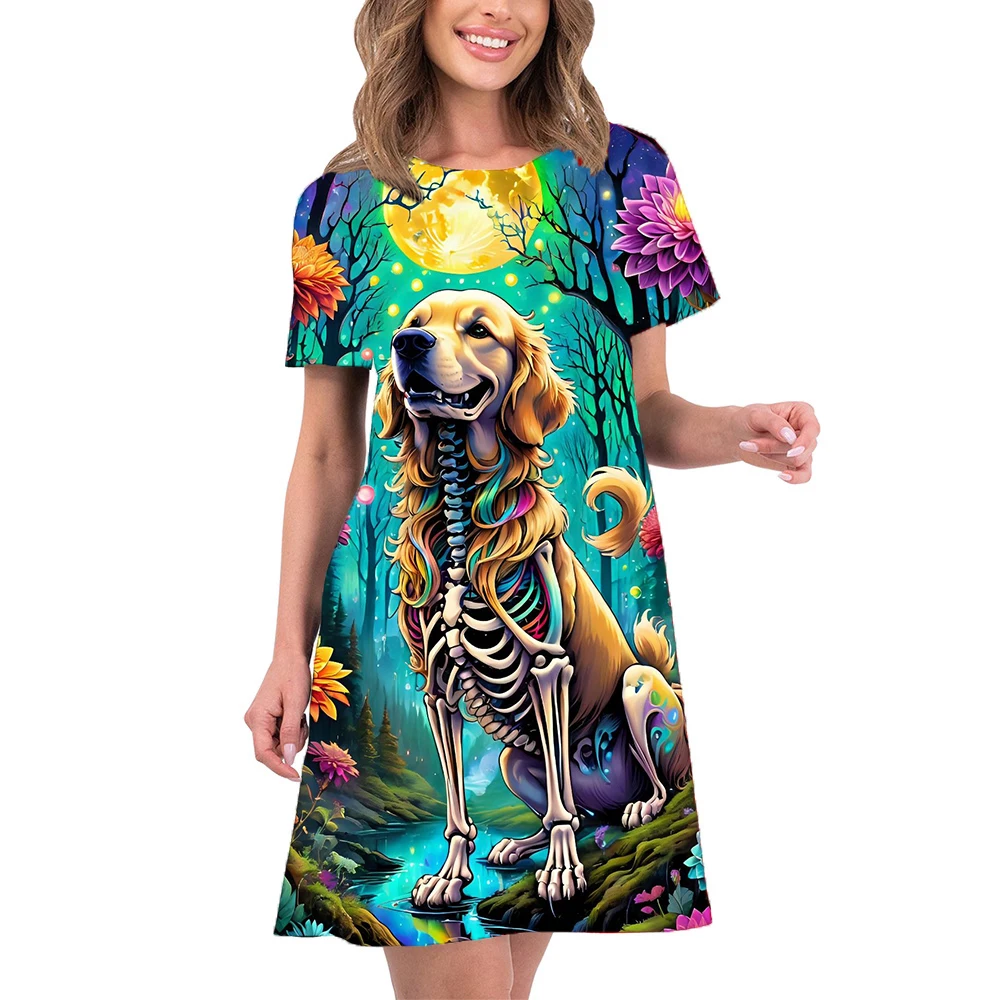 

2024 New Summer Women Dress Cute Dog 3D Cartoon Print A-Line Dress Loose Short Sleeve O-Neck Casual Women Sundress Vestidos