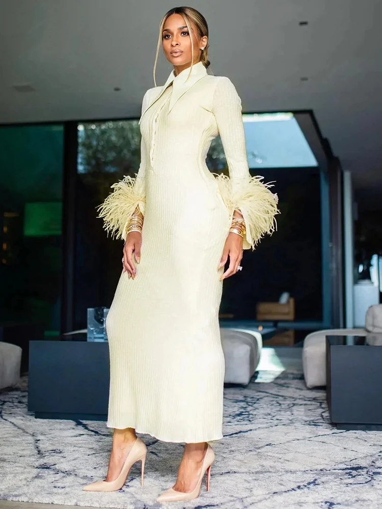 Vestido de fiesta Vestidos amarillo claro Maxi vestido mujer elegante ceñido al cuerpo vendaje manga larga diseño de plumas