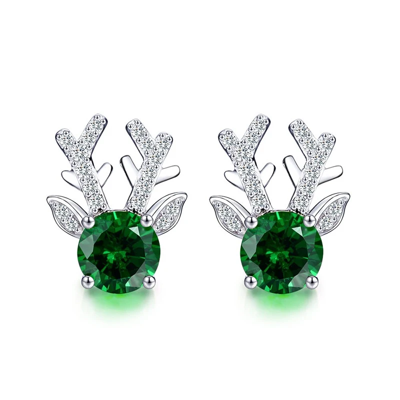 Huitan Christmas Green Alter Stud Earrings for Women Silver Color Dazzling Cubic Zircon Dainty Elk Earrings Gift Trendy Jewelry