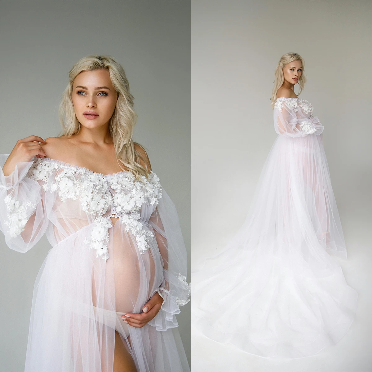 

Maternity Tulle Robes For Women Photography Dress Gowns Sweep Train Sexy Plus Size Pregnant Baby Shower Dress