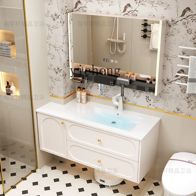 

ZC new bathroom cabinet rock slab basin ceramic integrated basin bathroom solid wood washbasin cabinet combination