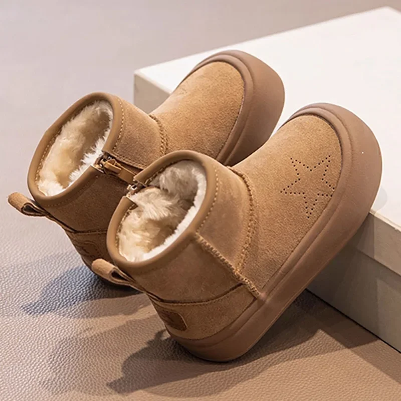 

Winter Fashion Snow Boots Children PU Leather Vintage Boy Girl Shoe Boot Waterproof Soft Soled Teenager Kids Cotton Shoes Casual