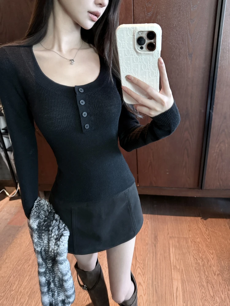 

one mat Long Sve U-Ne Button Knitted T-irt Women's Base Layer Top Wool Blend Polyester Nylon High Waist Comm...