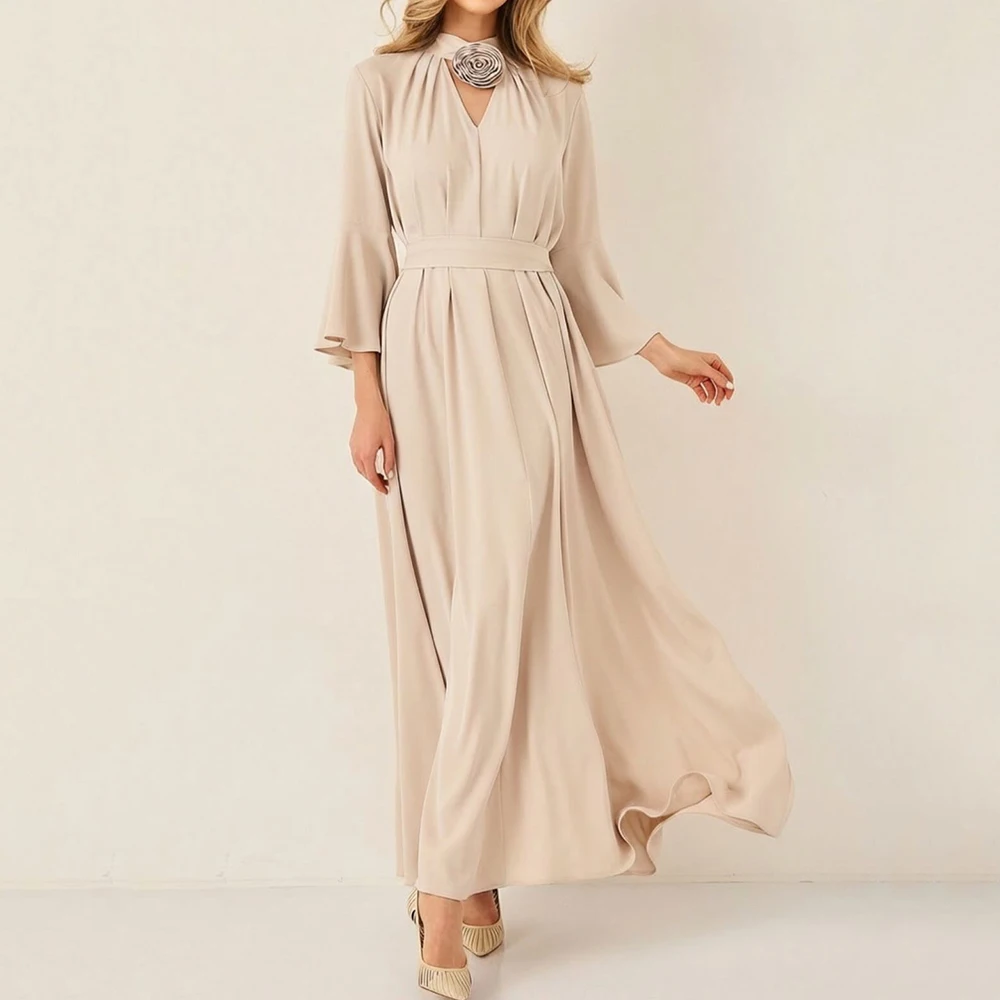 

Women's A-line Evening Dresses Ankle-length High-neck Full Sleeve Prom Gown Fashion Flowers Pleat Simple Draped Customized Gowns