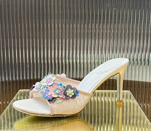Mesh Lace Flower Pearls Women Slippers Silver Flat Sole Fashion Slipper Open Toe Casual Shoes 2025 New Indoor Slippers 7.5Cm