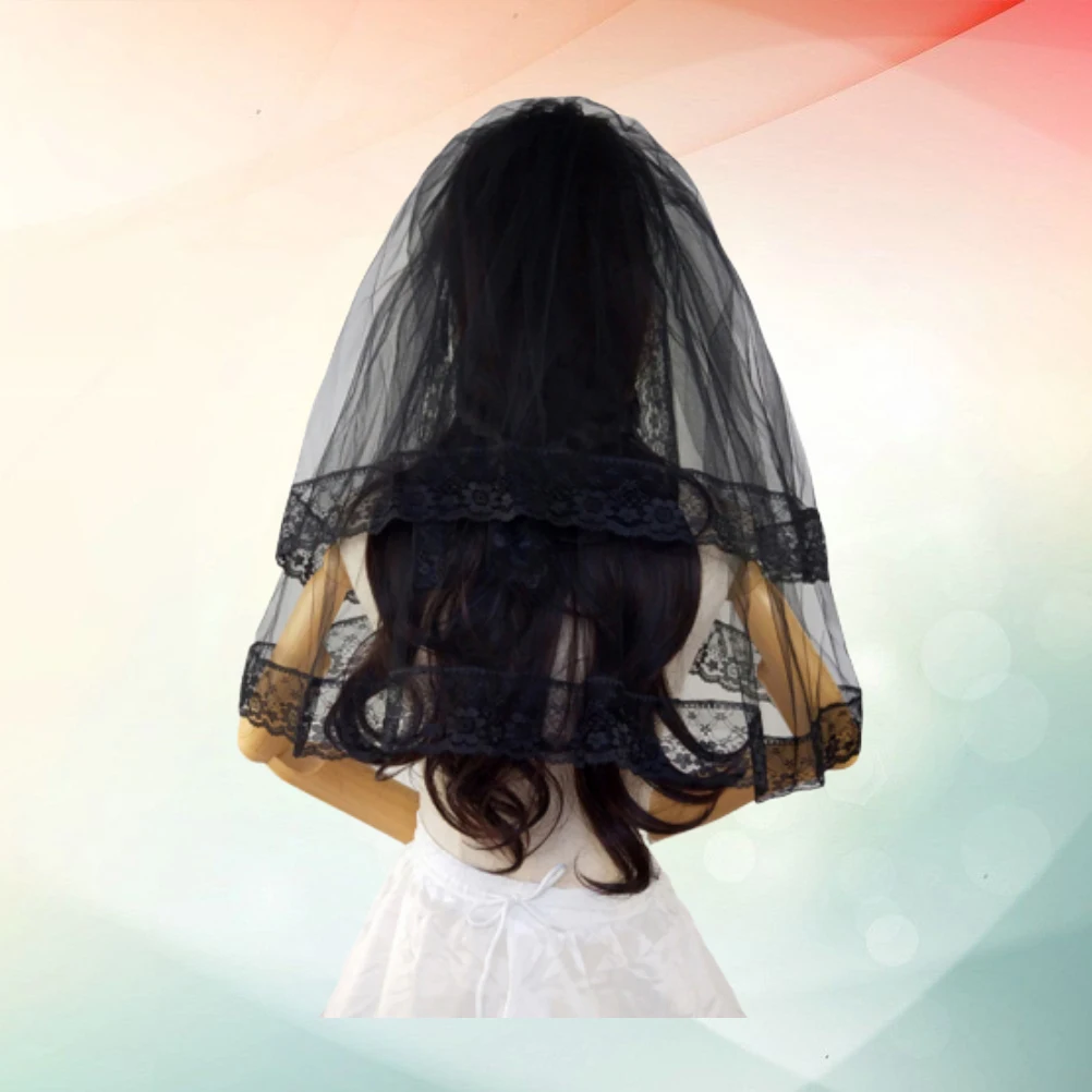 

60Cm Lace Double Layer Hair Accessories Cosplay Wedding Party Costume Photography Short Bridal With Comb For Halloween Festival