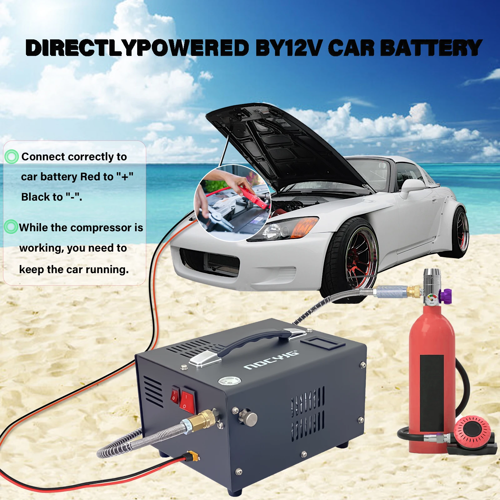 4500Psi 30Mbar Portable PCP Air Compressor Pump 12VDC/110V Power Oil/Water-Free High Pressure Diving Bottle