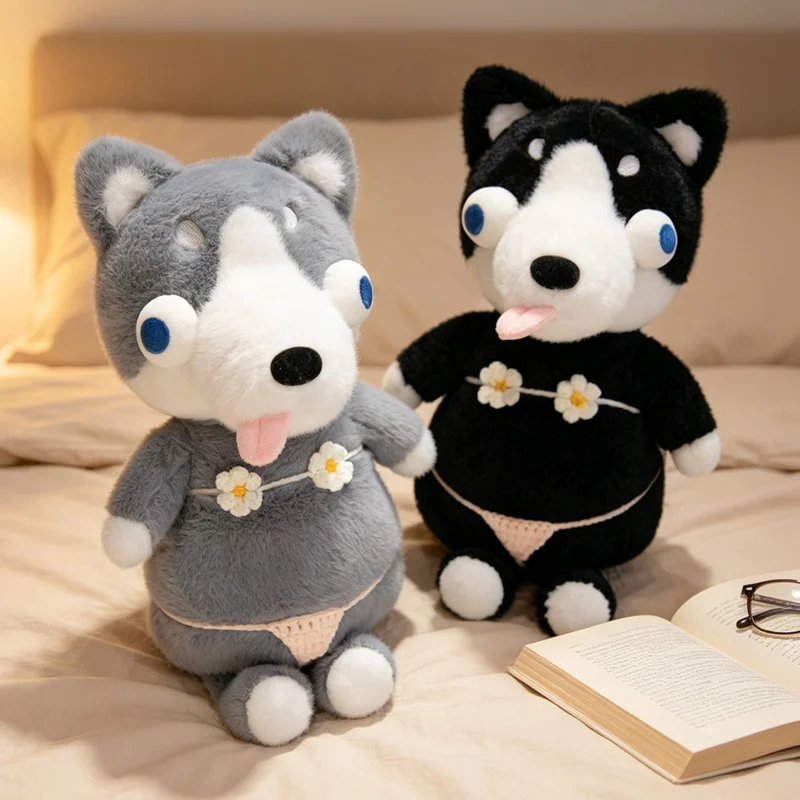 Peluche de Husky de la Serie Running de 40 cm, Muñeco de Peluche de Perro con Ropa de Bikini, Juguete de Perro con Ojos Grandes y Divertidos, Muñeco de Peluche Suave