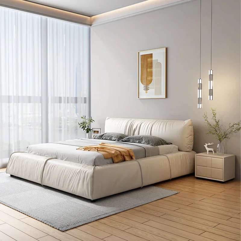 Italian High-end White Master Bedroom Style, Top Layer Leather Soft Bed, Modern Size Layout, Storage, Double Wedding Bed