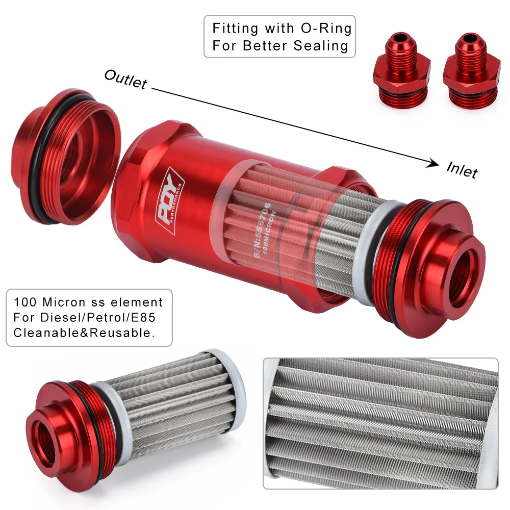 VR - PQY RED AN6  Inline Fuel Filter E85 Ethanol With 100 Micron Stainless steel element 200 GPH