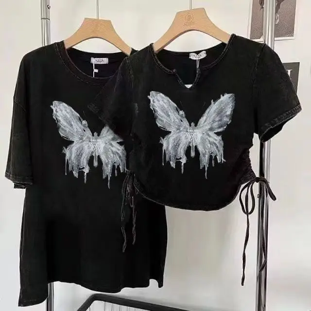 Y2k Gewaschenes Schwarzes Crop-Top Kurzarm-T-Shirt für Damen mit Schmetterlingsdruck Sommer Vintage Kleidung Übergroße Crop-Tops mit Kordelzug – Detail 3