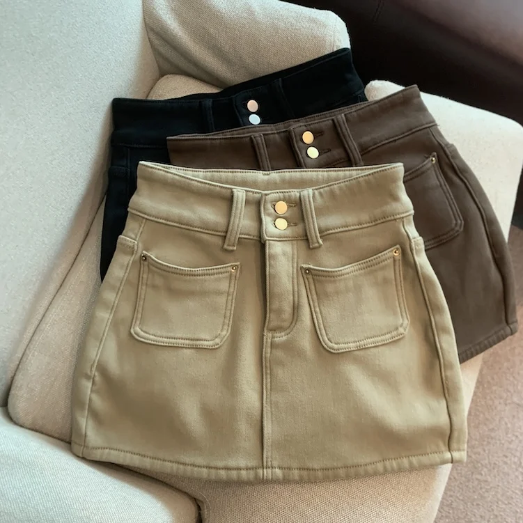 

Women's Autumn Winter High Waist A Line Short Skirt Lady Solid Color Streetwear Slim Cargo Mini Skirt