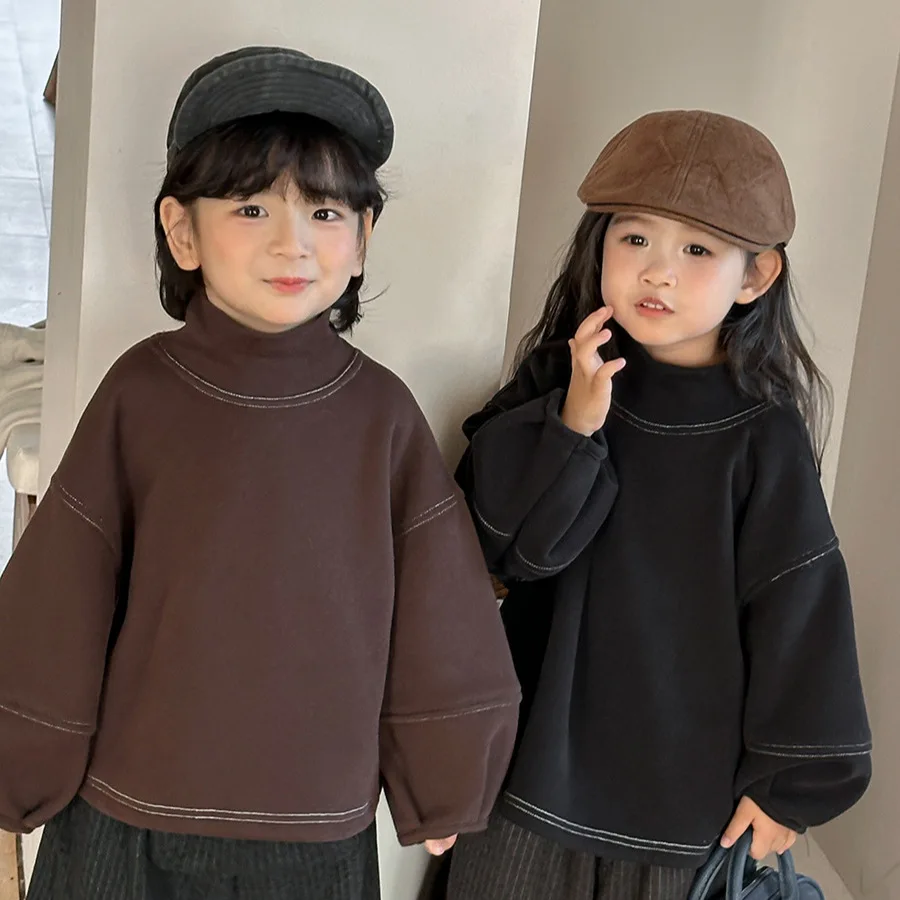 Winter Kids High Neck Fleece-lined Sweatshirts Unisex Thickened Thermal Top with Contrast Stitching Baby Toddler Warm Innerwear