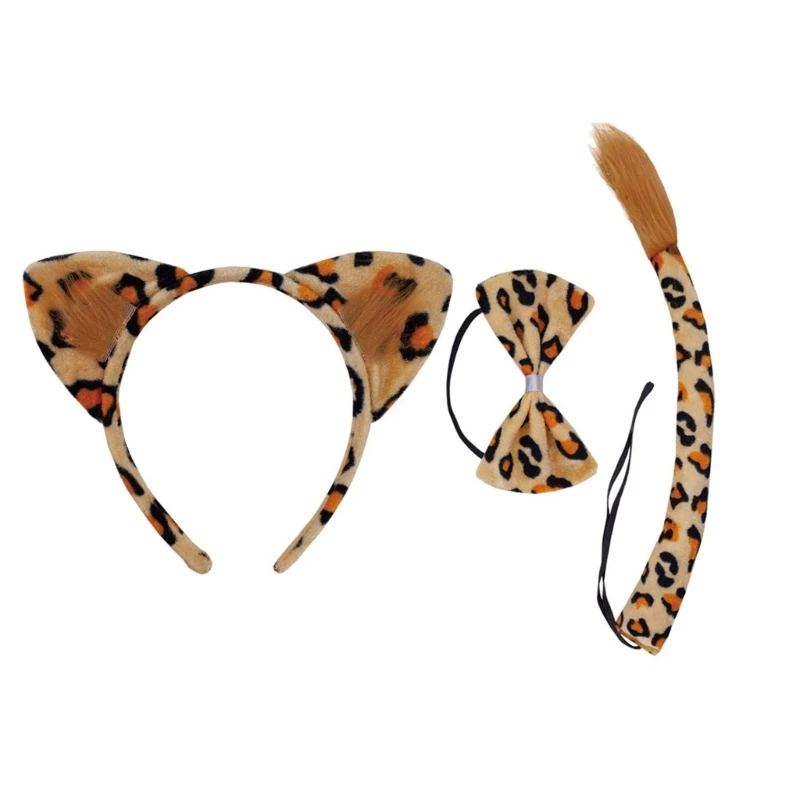 Animal Cosplays Costumes Leopard Ear Headbands Bowtie Tail Halloween Party Props