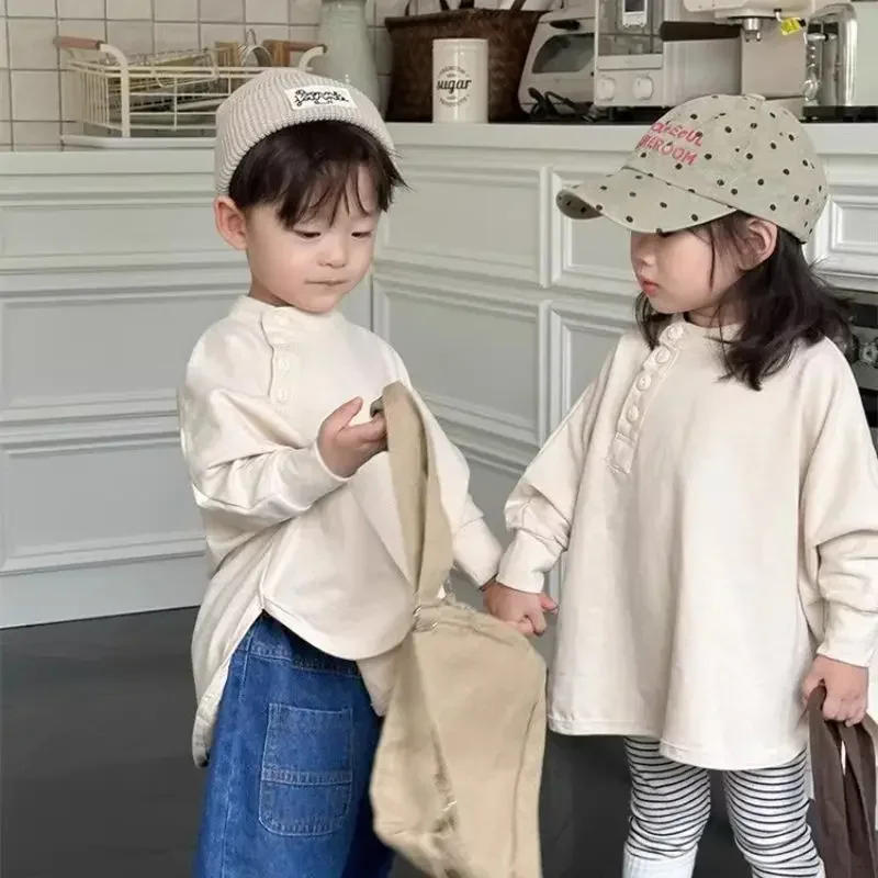 Fashion Spring Autumn Baby Boys Girls Shirts White Split Button Decorated Pullover Knitted Sweaters Undershirts Kids Tops Tees