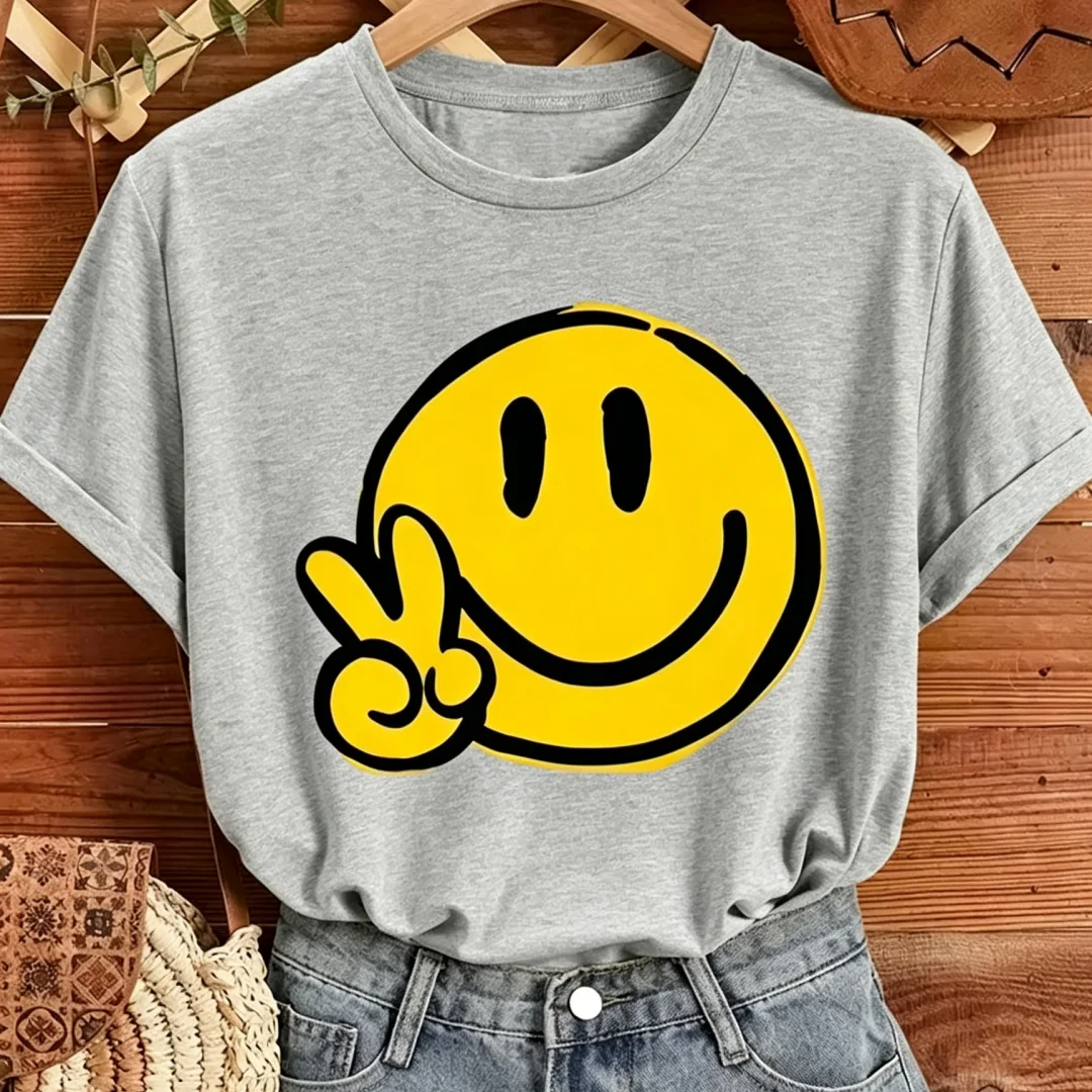 2026 Women's Geometric Joyful Face Smile Print T-Shirt Casual Short Sleeve Crew Neck Top Comfort Summer Wear Y2k