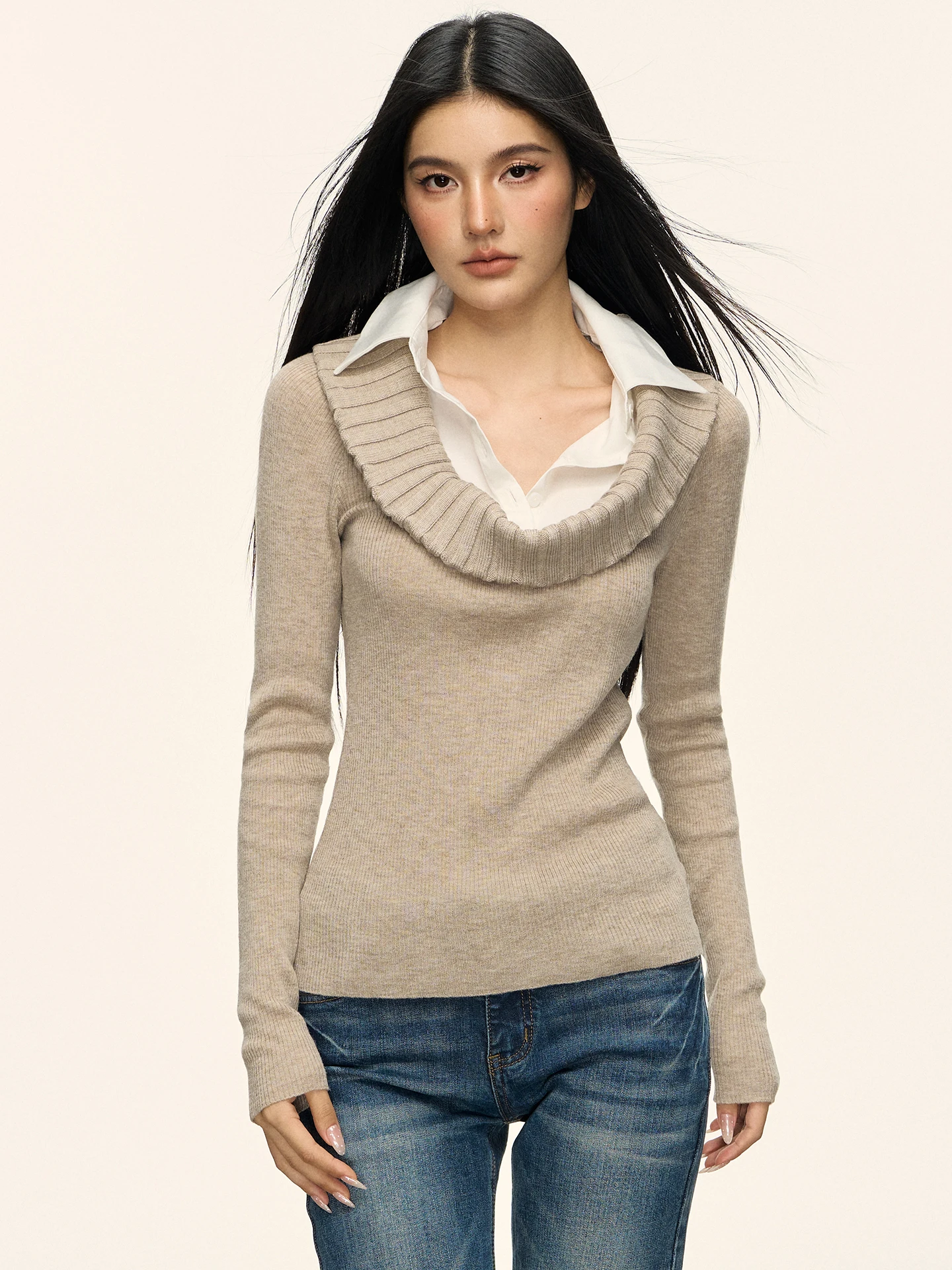 

Anna Aneae Women's Wool Blend Color Blo Ne Sweater Slim Fit Spring Autumn Design Sense Fake Two-Piece Knitwear