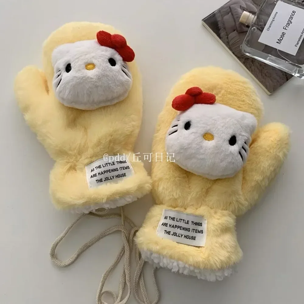 Miniso hello kitty luvas de pelúcia bonito dupla camada luvas de dedo kawaii outono inverno estudante ciclismo luvas anticongelantes