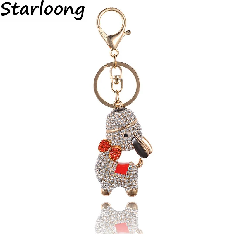 High Quality Drip Alloy Keychain Chaveiro Drop oil Glaze cute Dog rhinestone crystal KeyChain women stainless Key Ring