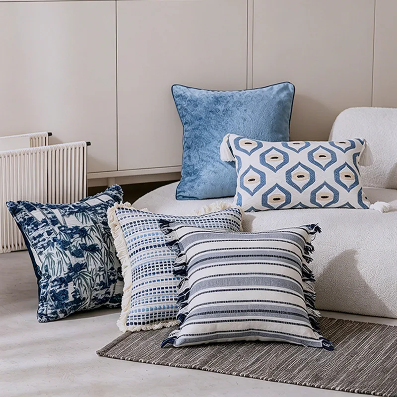 30x50/45X45CM Retro Embroidered Throw Pillow Cover Blue Light Luxury Waist Cushion Cover Decor Home Decorative Pillowcase