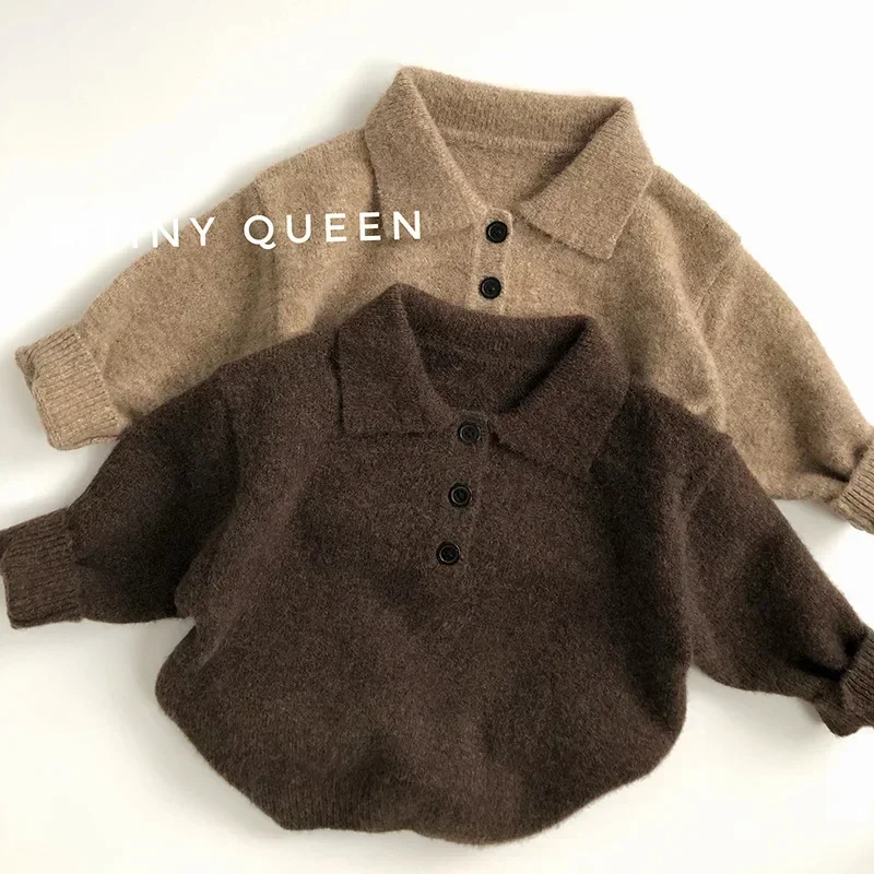 4424  Children's Sweater 2024 Autumn and Winter Retro Baby Boy's Knitted Sweater Lapel Pullover Coat