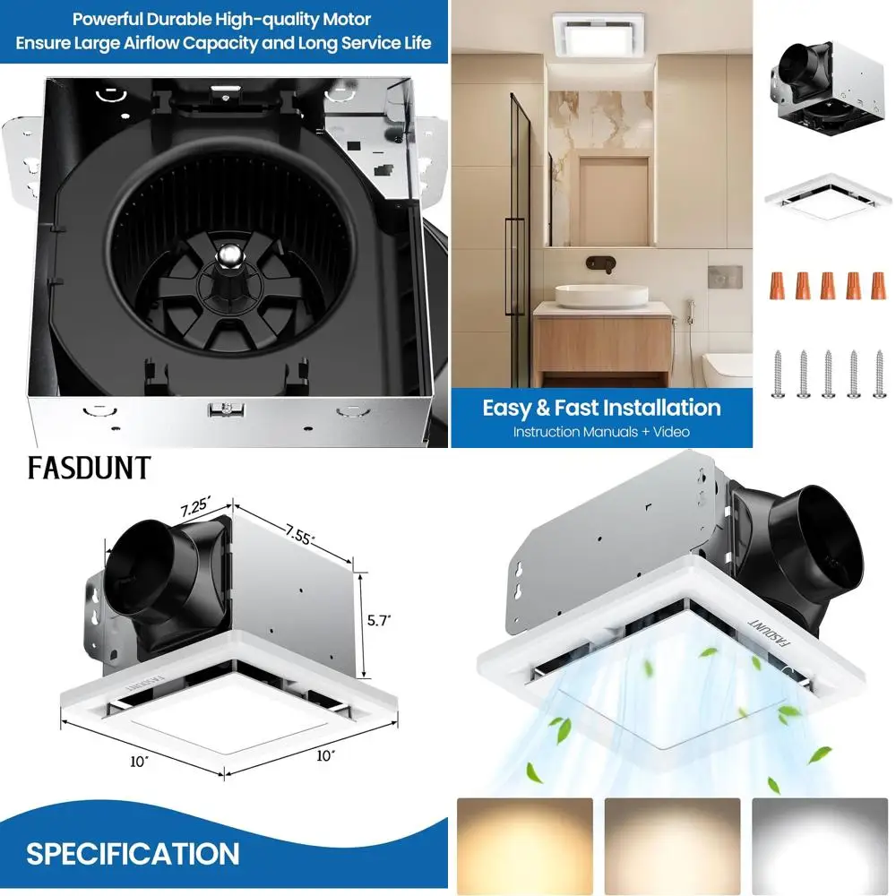 

Ceiling Mounted Bathroom Exhaust Fan with Light, 3CCT, 110 CMH, 1.0 Sones, Easy Install, ETL & CC Certified