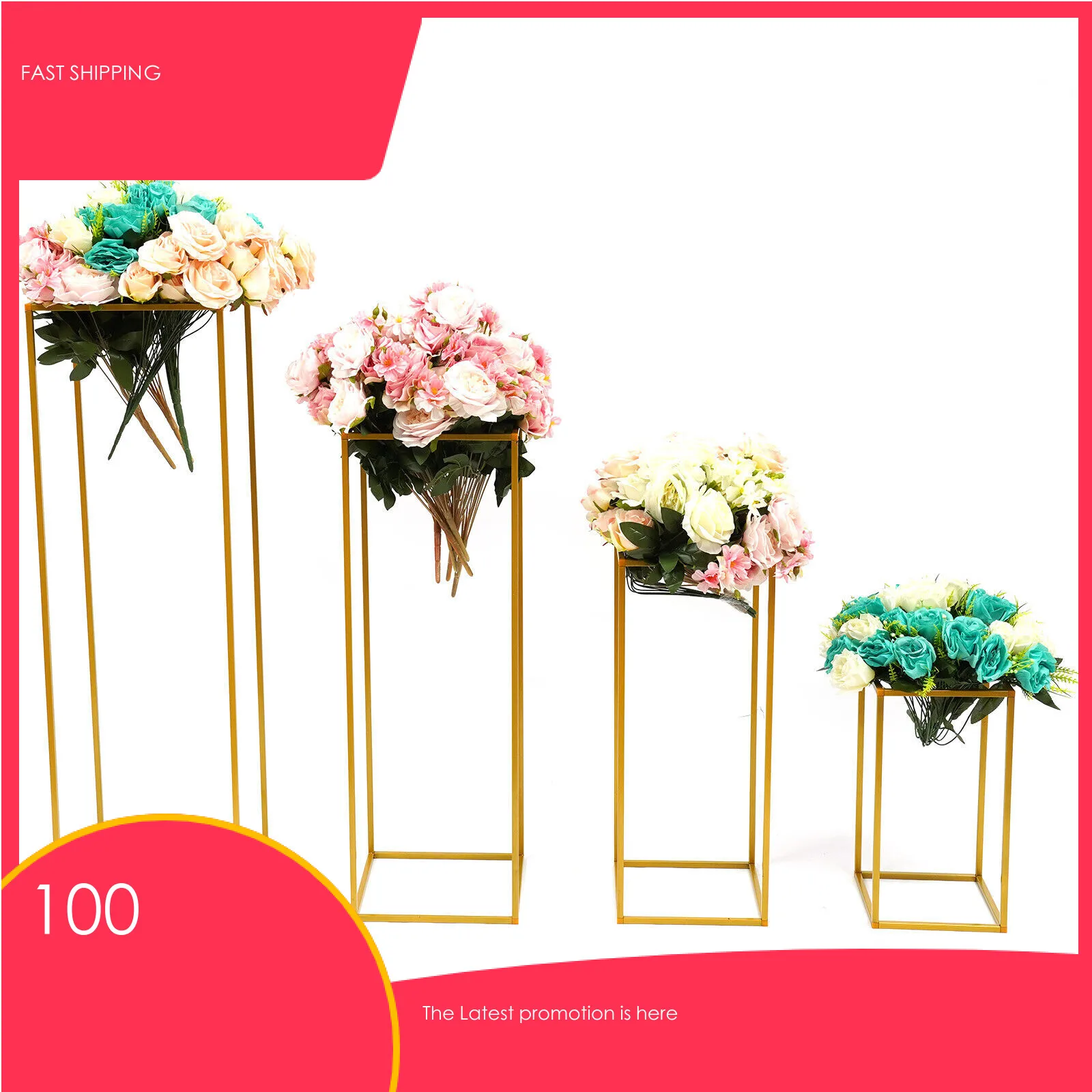 4pcs Gold Metal Wedding Flower Stand Floor Vases Flower Column Stand Road Lead Rack for Wedding Party Event Anniversary