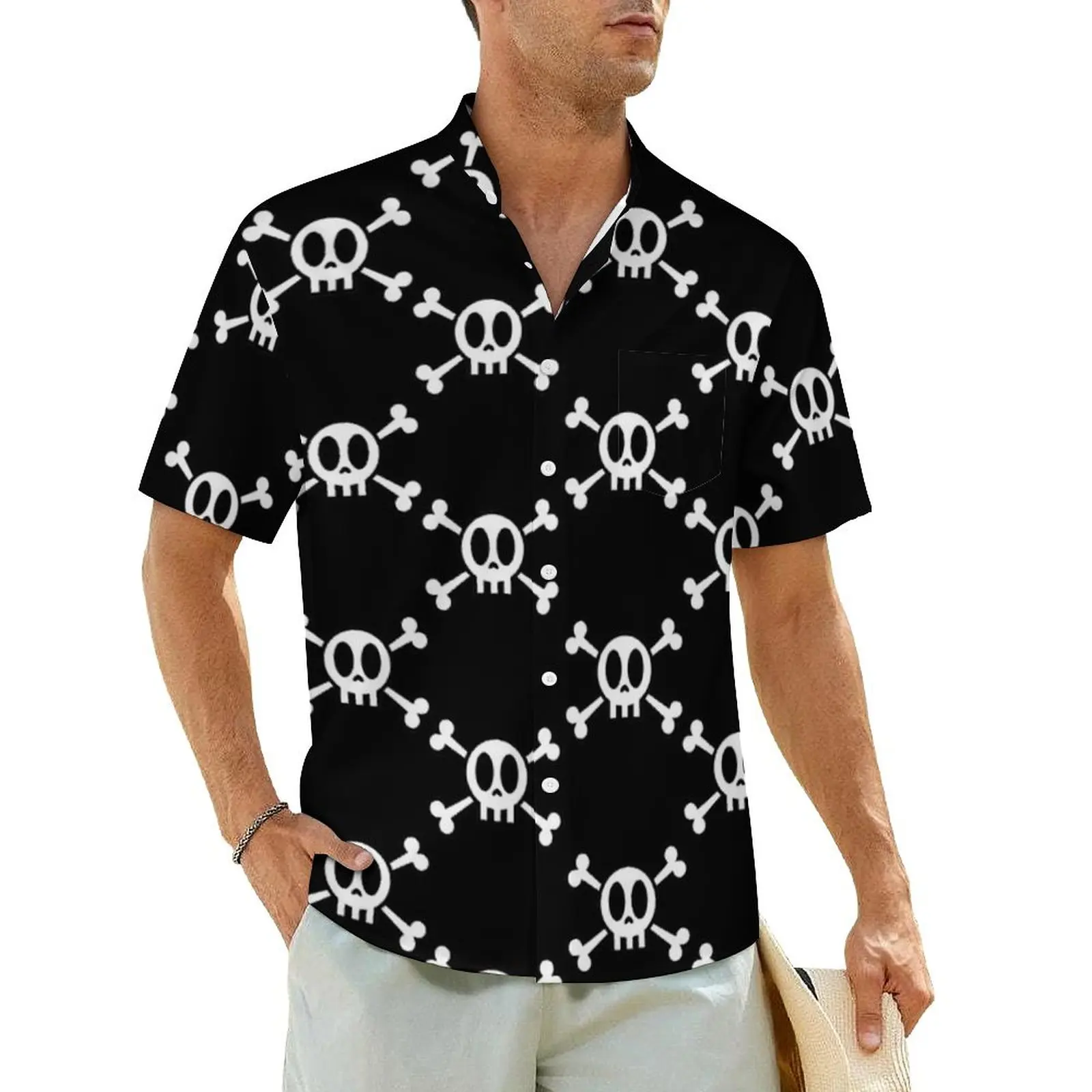 

Kawaii Skeleton Hawaiian Shirt For Men Beach Skull and Crossbones Casual Shirts Short Sleeve Streetwear Retro Plus Size Blouses