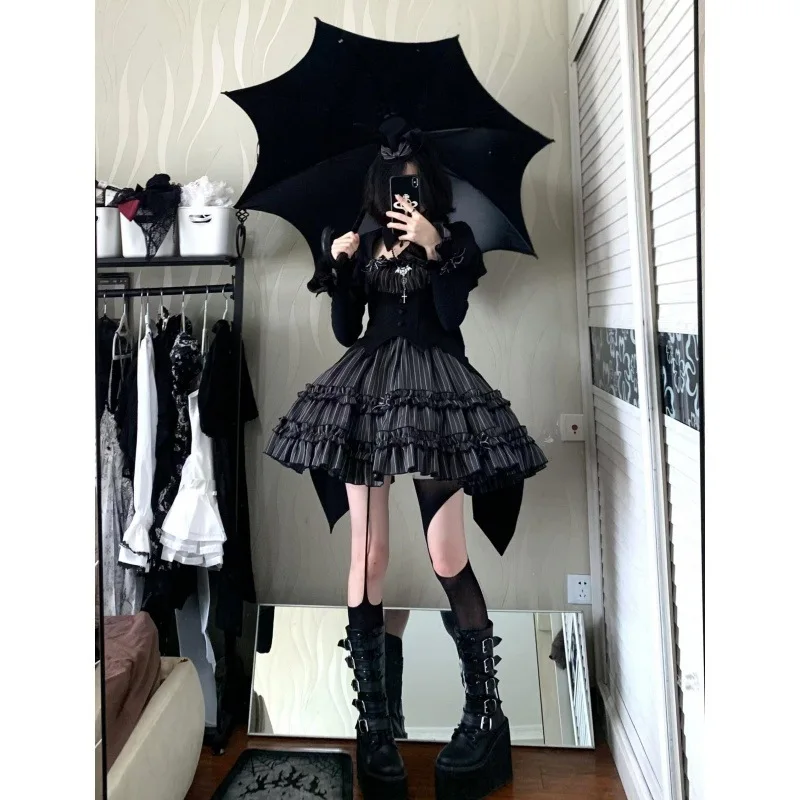 Dark Gothic Style Halloween Lolita Splicing Flared Sleeve Slim Fit Shirt Top High Waist Striped Short Skirt Two Piece Set Women