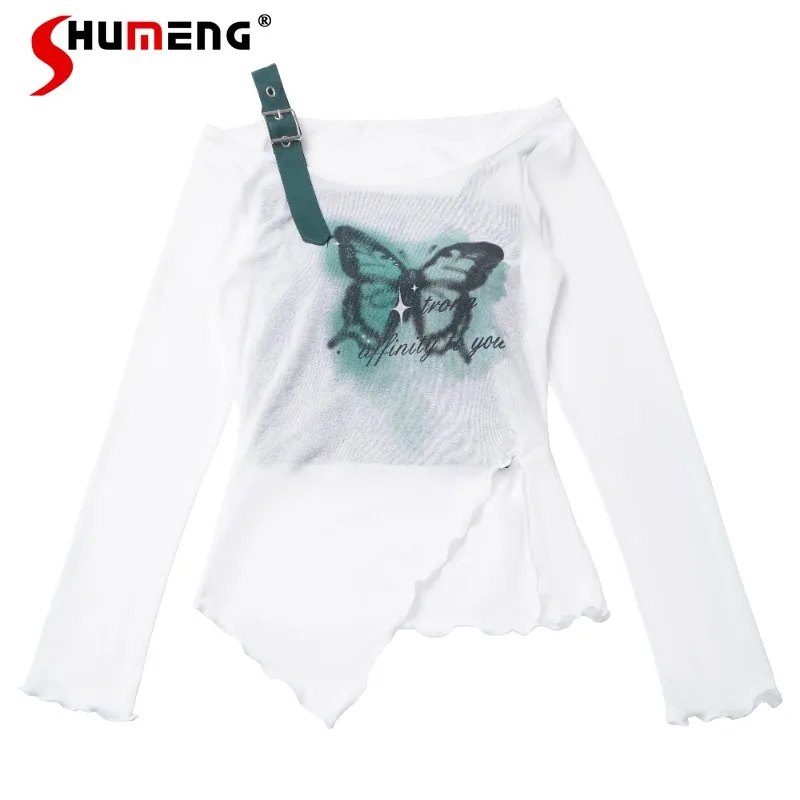 

Summer Sunscreen One-word Shoulder Long-sleeved T-shirt Light Green And White Fresh Irregular Tshirts Mini Skirt Women's Clothes