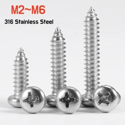 5~100pc M2 M2.2 M2.6 M3 M3.5 M4 M5 M6 Cross Phillips Round Pan Head Self-tapping Wood Screw Marine Grade 316 A4 Stainless Steel