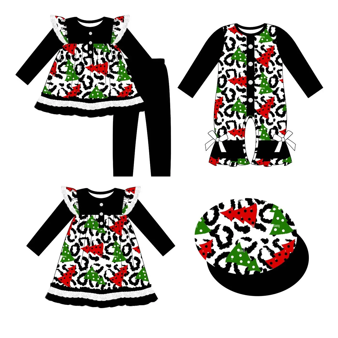 Fashion Trend Christmas Sisters Outfit Christmas Tree Print Girls Skirt Black Outfit Baby Onesie Girls Dress