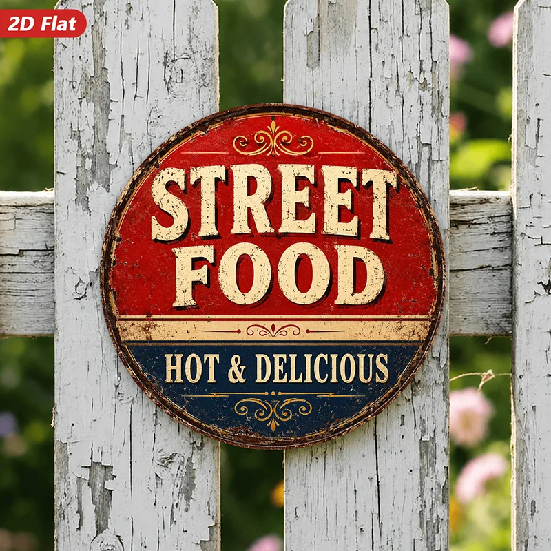 2D Flat, Vintage Street Food Round Metal Sign Wall Art, Hot and Delicious Text, Ideal for Corner Kitchen, Round Distressed Sign