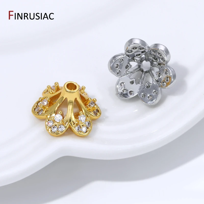 18K Gold Plated Brass Hollow Flower Bead Caps,Inlaid Zircon Spacer Beads End Caps for DIY Bracelet Necklace Making Accessories image 6